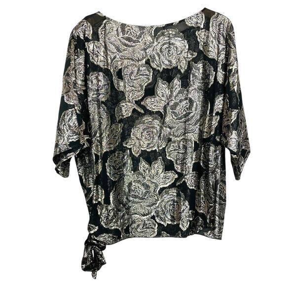 Vintage Silver Sparkling Top Boat Neck Rose Print Celebration Metallic - Picture 1 of 7